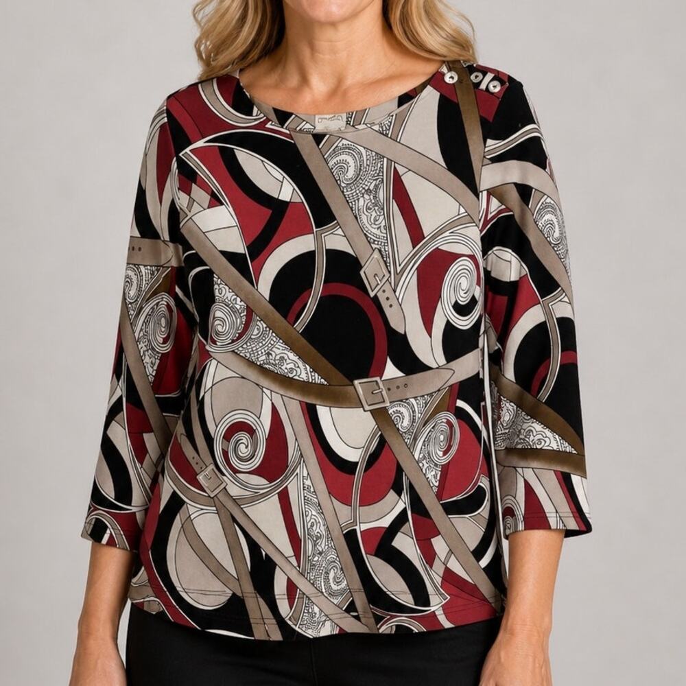 Chicos 1 Ponte Knit Top Medium Belt Buckle Equestrian Print Boat Neck Classic